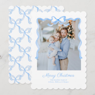 Preppy Grandmillennial Blue Bows Classic Holiday Card