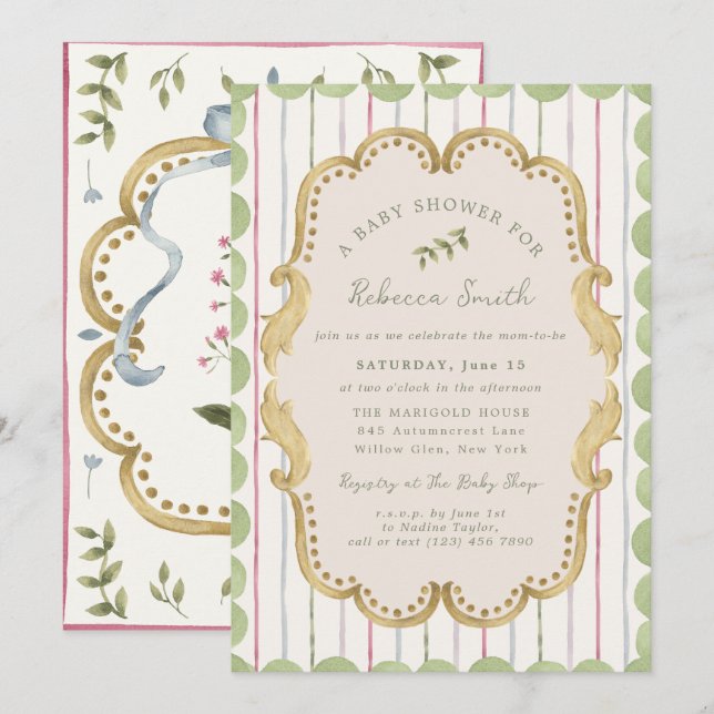 Preppy Grandmillennial Botanical Frame Baby Shower Invitation (Front/Back)