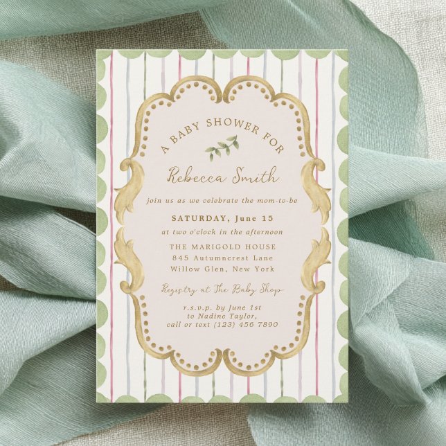 Preppy Grandmillennial Botanical Frame Baby Shower Invitation (Creator Uploaded)