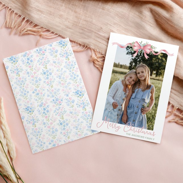 Preppy Grandmillennial Christmas Bow Swag Photo Holiday Card (Creator Uploaded)