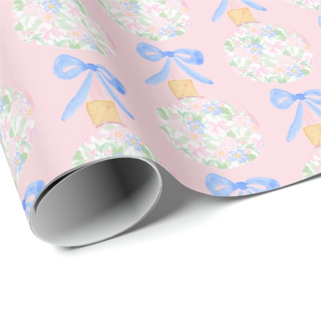 Preppy Grandmillennial Christmas Bulbs and Bows Wrapping Paper (Roll Corner)