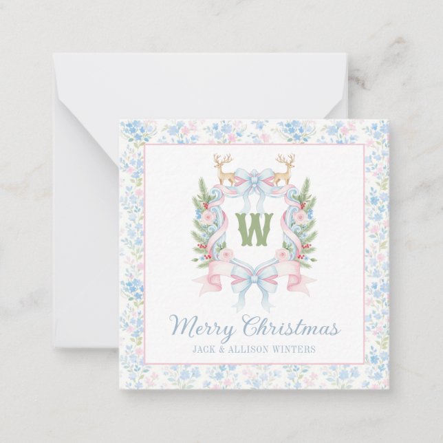 Preppy Grandmillennial Christmas Monogram Crest Card (Front)
