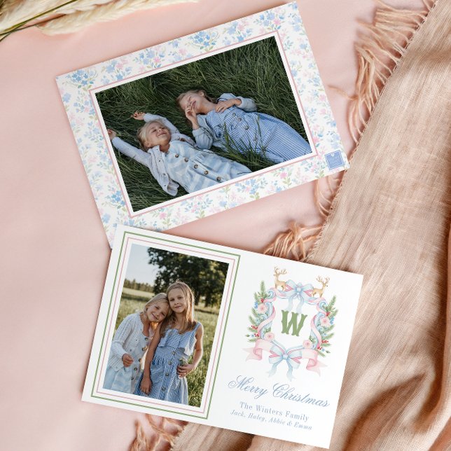 Preppy Grandmillennial Christmas Monogram Crest Holiday Card (Creator Uploaded)