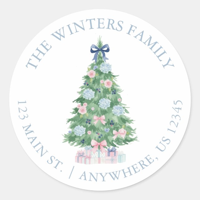 Preppy Grandmillennial Christmas Tree Address Classic Round Sticker (Front)