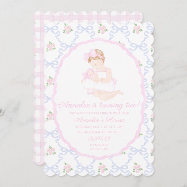 Preppy Grandmillennial Dolly and Me Pink Bows Invitation (Front/Back)