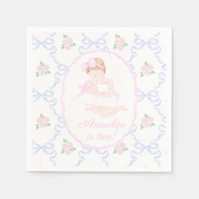 Preppy Grandmillennial Dolly and Me Pink Bows Napkin (Front)