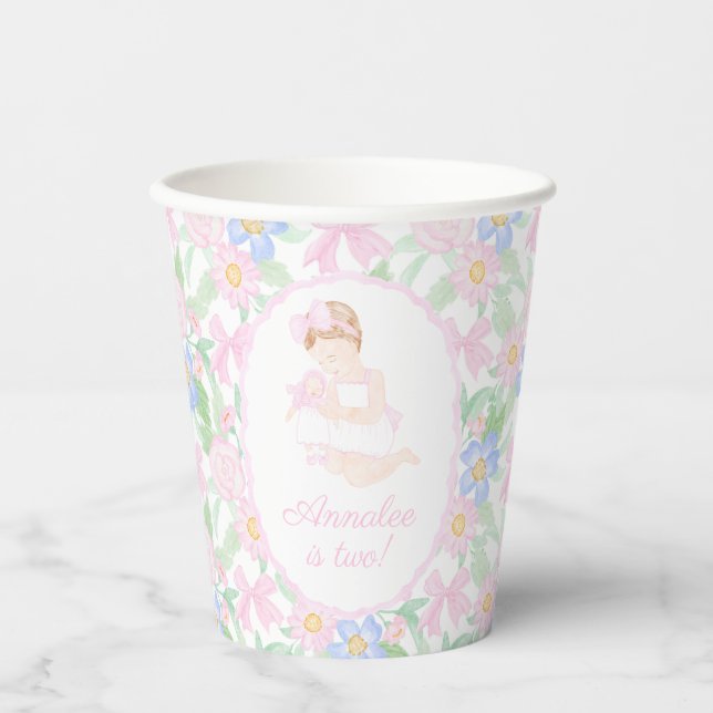 Preppy Grandmillennial Dolly and Me Pink Floral Paper Cups (Front)