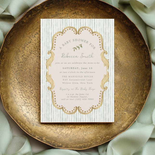 Preppy Grandmillennial Green Frame Baby Shower Invitation (Creator Uploaded)