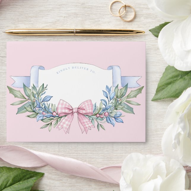Preppy Grandmillennial Holly with Pink Bow Envelope (Wedding)