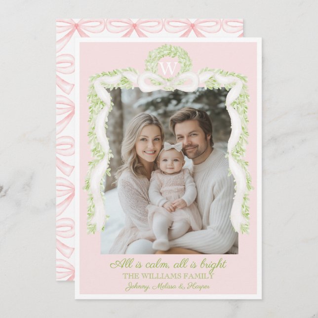 Preppy Grandmillennial Pink Bows Ribbon Garland  Holiday Card (Front/Back)