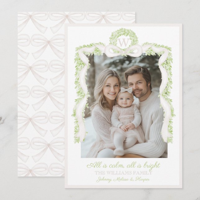 Preppy Grandmillennial Pink Bows Ribbon Garland  Holiday Card (Front/Back)