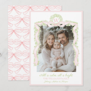 Preppy Grandmillennial Pink Bows Ribbon Garland  Holiday Card