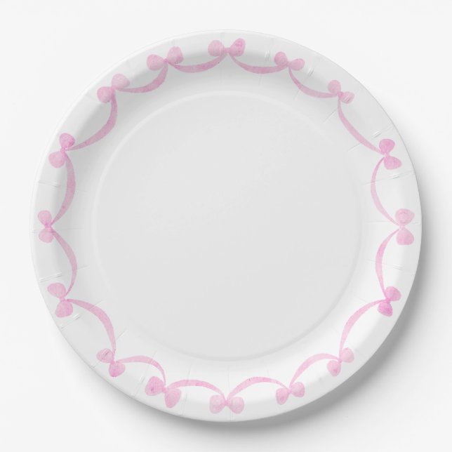 Preppy Grandmillennial Pink Bows Ribbon Paper Plate (Front)