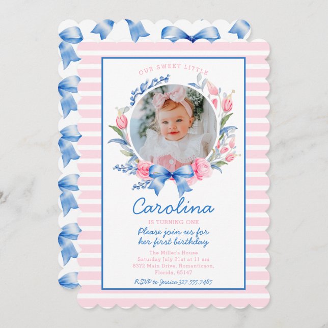 Preppy Grandmillennial Preppy Floral Blue Bows Invitation (Front/Back)