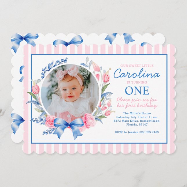 Preppy Grandmillennial Preppy Floral Blue Bows Invitation (Front/Back)