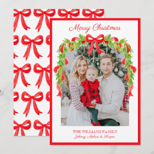 Preppy Grandmillennial Red Bows Ribbon Garland  Holiday Card