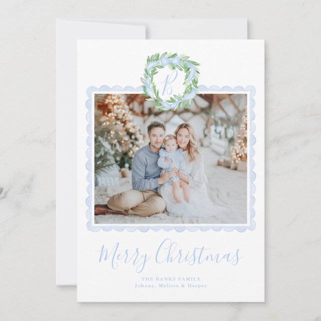 Preppy Grandmillennial Wreath Monogram  Holiday Card (Front)