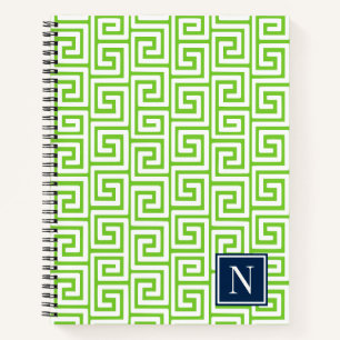Preppy Greek Key Monogram – Lime Green & Navy Notebook