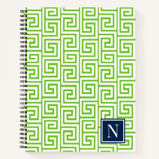 Preppy Greek Key Monogram – Lime Green & Navy Notebook (Front)