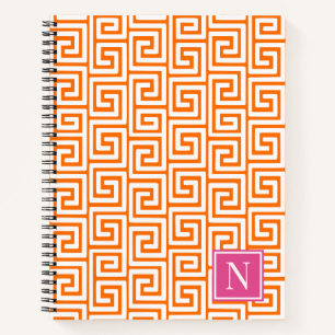 Preppy Greek Key Monogram – Orange & Hot Pink Notebook