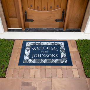 Preppy Greek Key – Personalized Navy & White Doormat