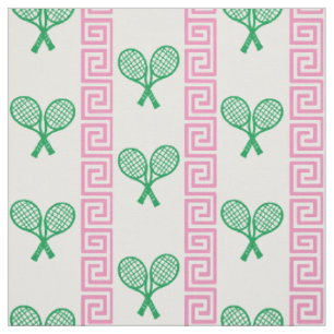 Preppy Greek Key Tennis Stripe - Pink & Green Fabric