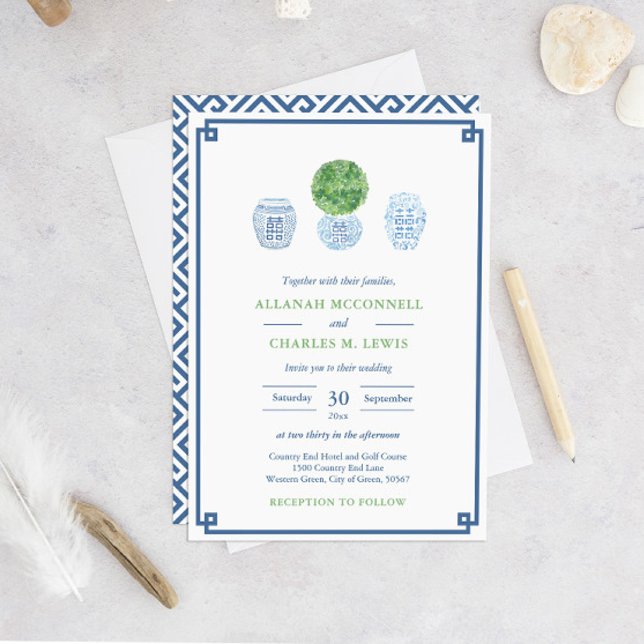 Preppy Green And Blue Hand Painted Boxwood Wedding Invitation (Smart Navy Blue And Green Greek Key Boxwood Wedding Invitation)