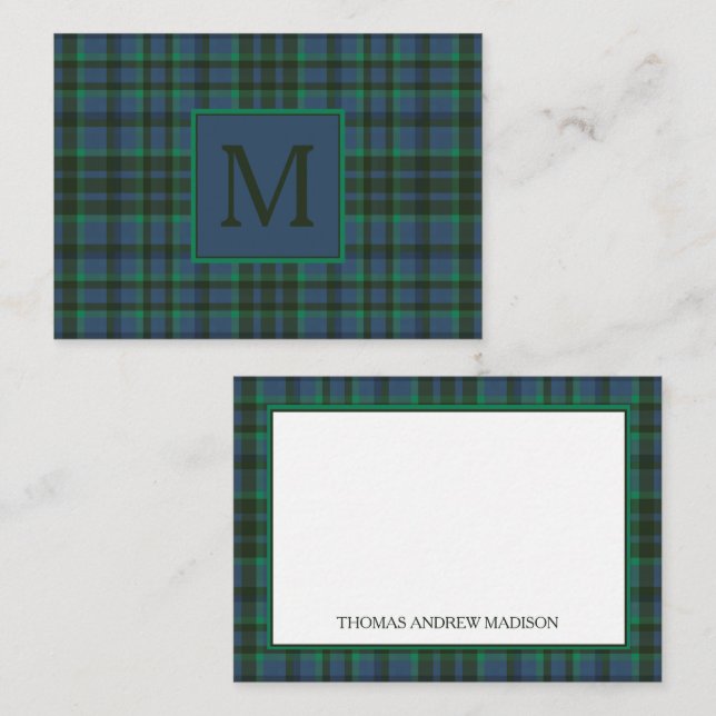Preppy Green and Blue Plaid Monogram Card (Front/Back)