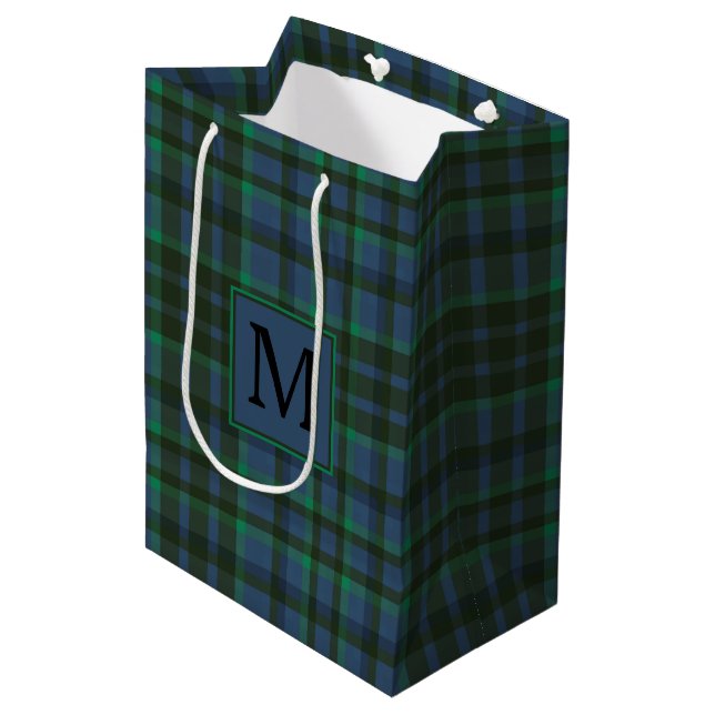 Preppy Green and Blue Plaid Monogram Medium Gift Bag (Front Angled)