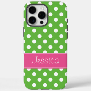 Preppy Green and Pink Polka Dots Personalised iPhone 16 Pro Max Case