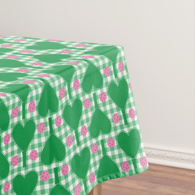 Preppy Green and Pink Wedding Gingham Pickleball Tablecloth (In Situ)
