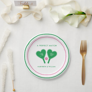 Preppy Green and Pink Wedding Pickleball Paper Plate