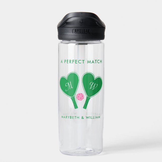 Preppy Green and Pink Wedding Pickleball Water Bottle (Back)