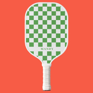 Preppy Green and White Checkerboard Custom Name Pickleball Paddle