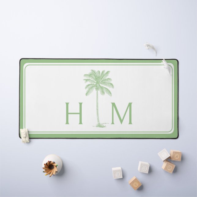 Preppy Green and White Palm Palmetto Tree Monogram Desk Mat (Kids Table)
