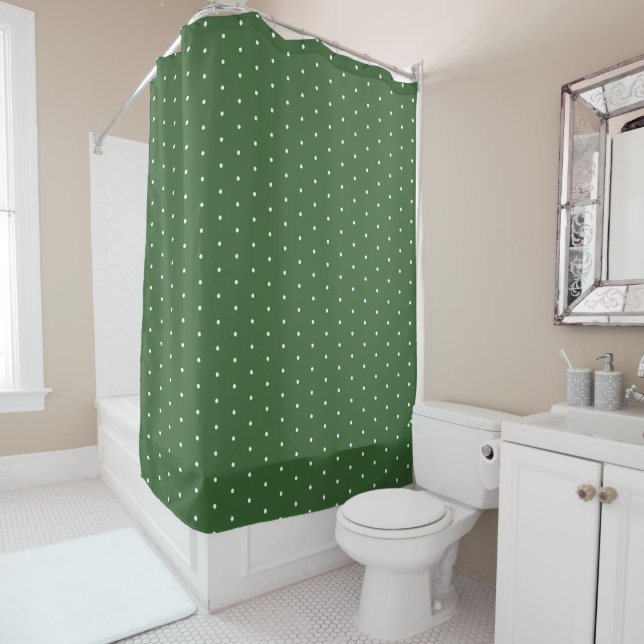  Preppy Green and White Tiny Polka Dots Pattern Shower Curtain (In Situ)