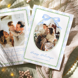 Preppy Green & Blue Whimsical Bow Holiday Card