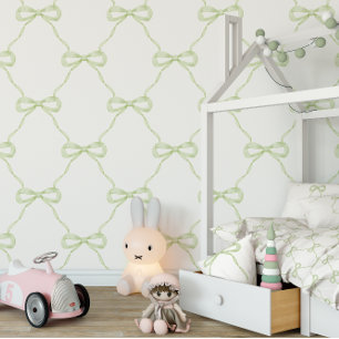 Preppy Green Bow Grandmillennial Style Wallpaper
