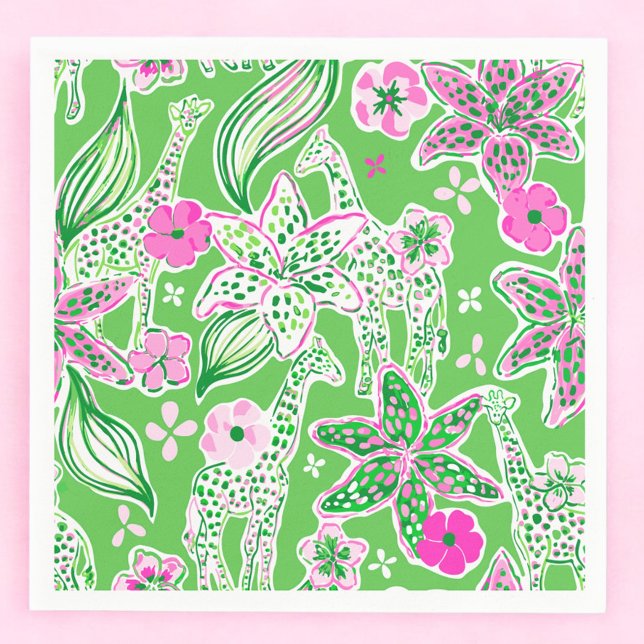 Preppy Green Giraffe Lily Floral Party Napkin (Creator Uploaded)