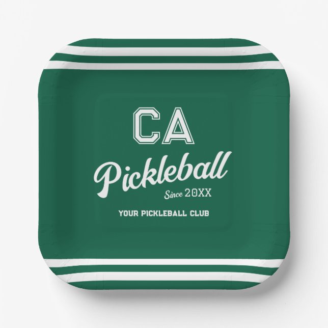 Preppy Green Pickleball Club Custom Crest Party Paper Plate (Front)