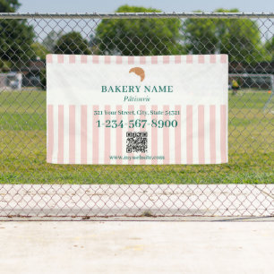 Preppy Green & Pink Stripes Bakery Logo QR Code Banner
