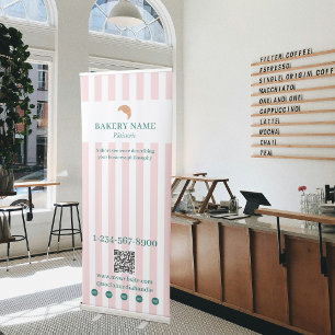 Preppy Green & Pink Stripes Bakery Logo QR Code Retractable Banner