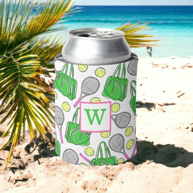 Preppy Green Pink Tennis Racquet Bag Balls Initial Can Cooler (Creator Uploaded)