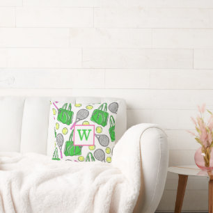Preppy Green Pink Tennis Racquet Bag Balls Initial Cushion