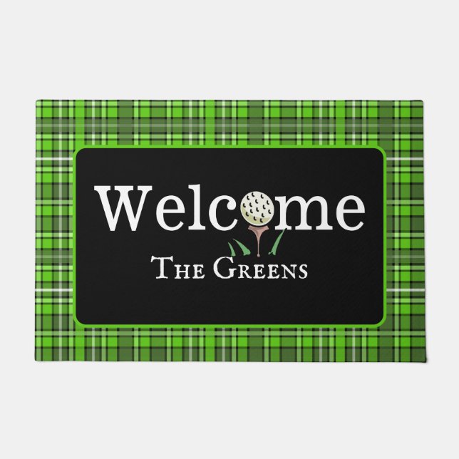 Preppy Green Plaid Golf Welcome Entryway Doormat (Front)
