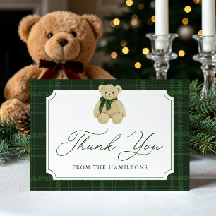 Preppy Green Plaid Teddy Bear Baby Shower Thank You Card