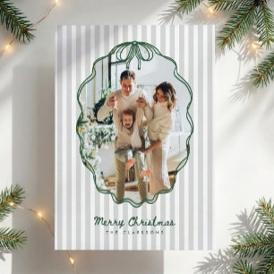 Preppy Green Striped Bow Frame Two Photo Christmas Holiday Card