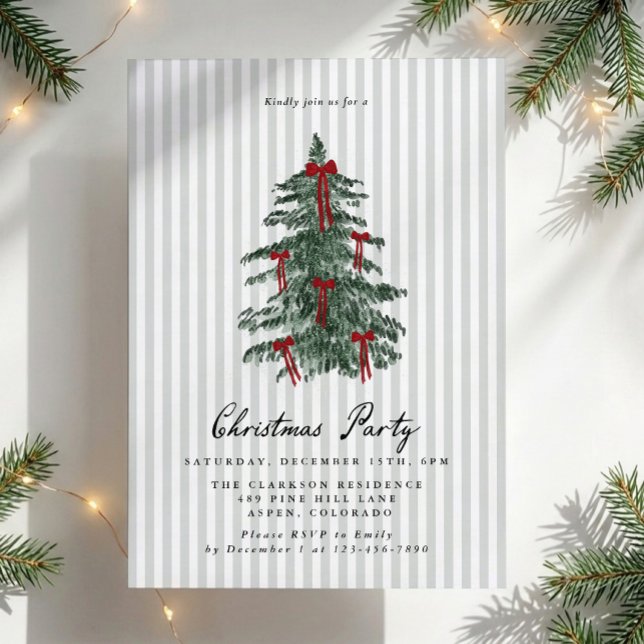 Preppy Green Striped Christmas Tree Party  Invitation (Creator Uploaded)