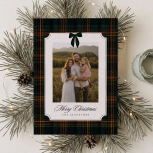 Preppy Green Tartan Bow Christmas Photo Card