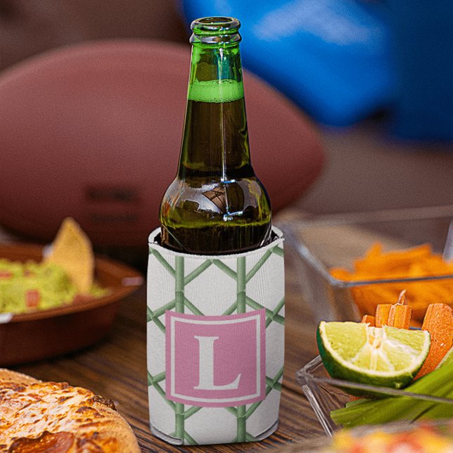 Preppy Green Trellis Bamboo Pattern Monogram Can Cooler (Creator Uploaded)